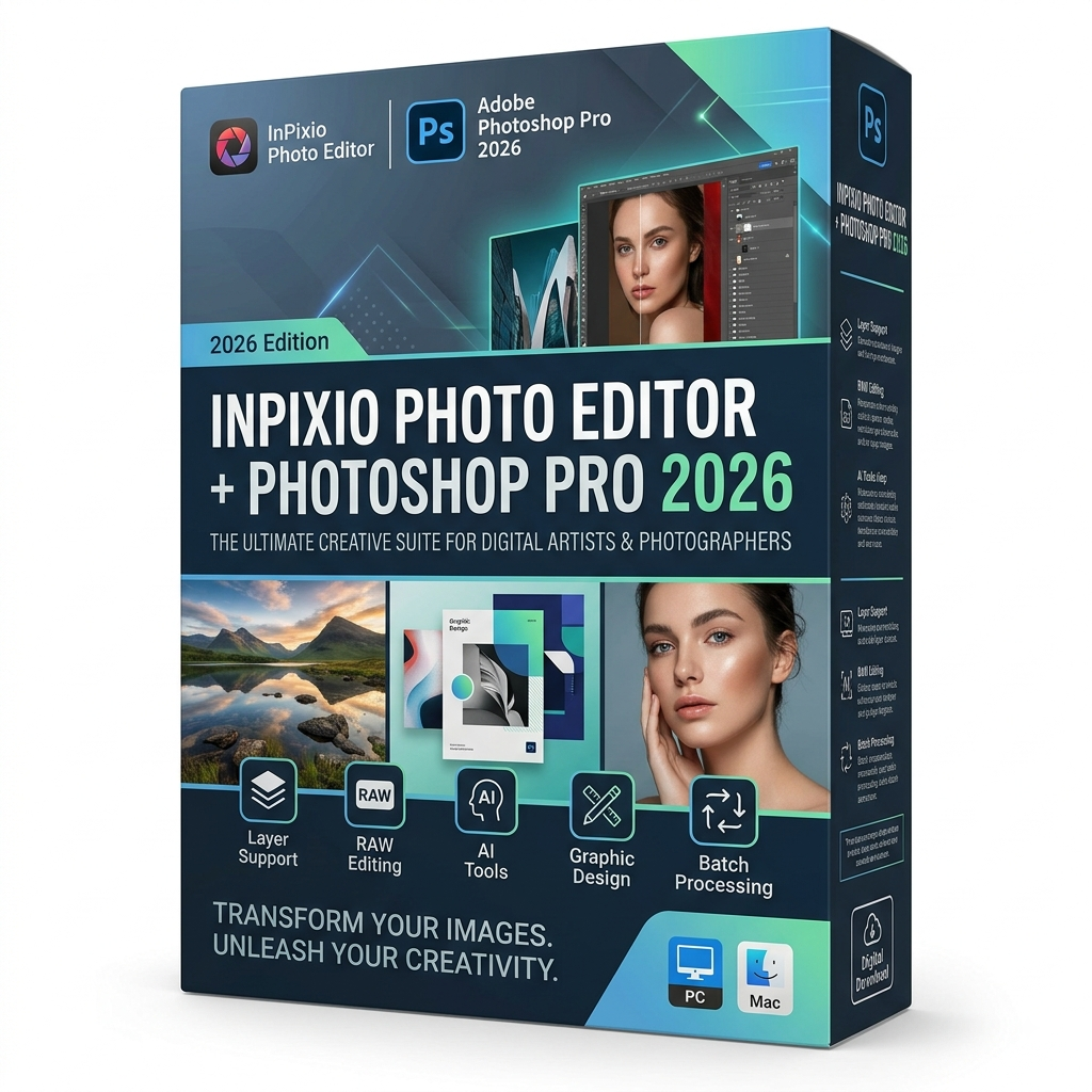 Take your creative projects to the next level with the InPixio Photo Editor + Photoshop Pro 2026 digital software package. Designed for creators, designers, photographers, marketers, and anyone who wants powerful editing capabilities